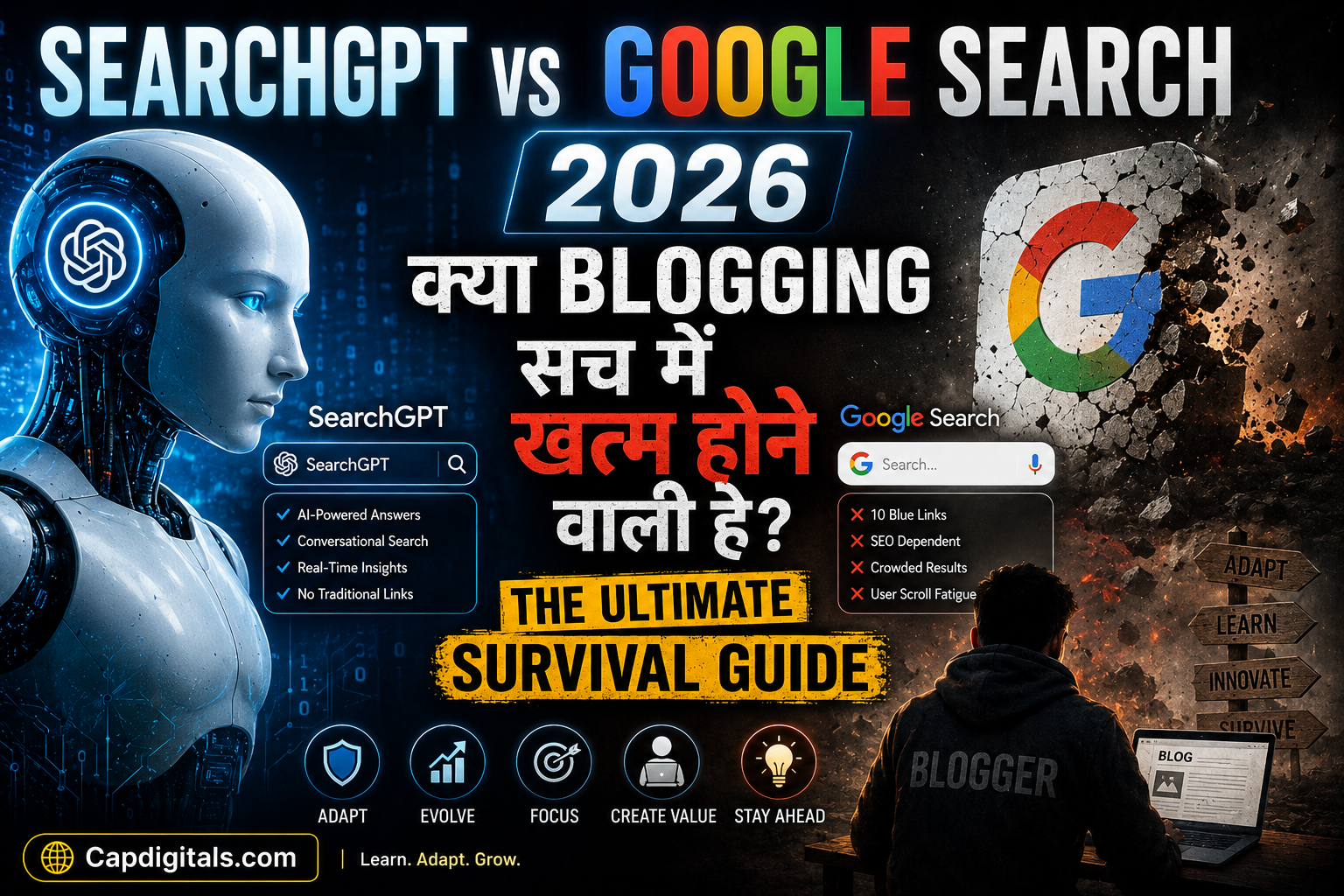 SearchGPT vs Google Search 2026 feature image showing AI search revolution, blogging future, SEO changes and digital creator survival guide