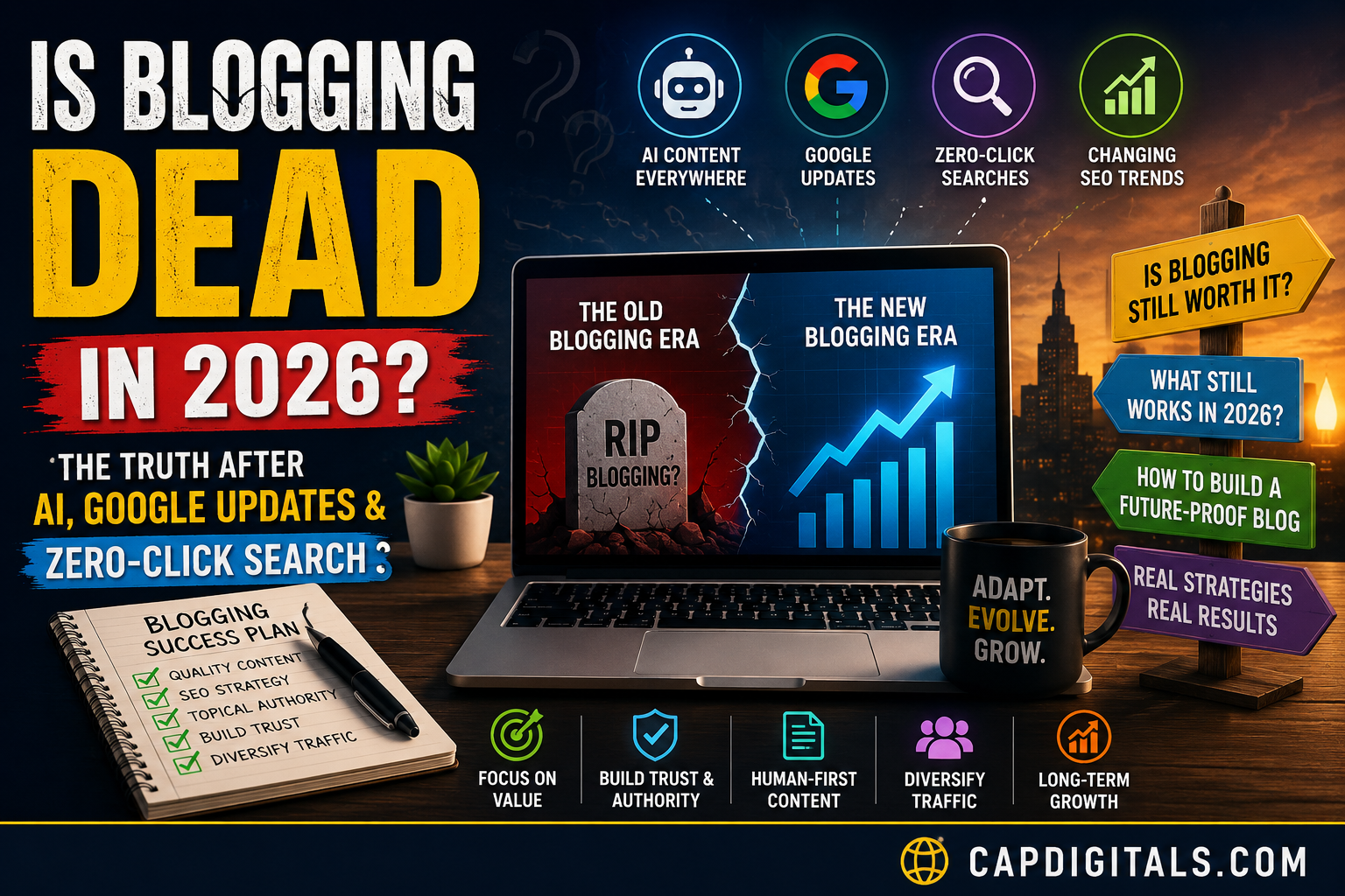 Is Blogging Dead in 2026 feature image showing AI content, Google updates, SEO changes, and zero-click searches