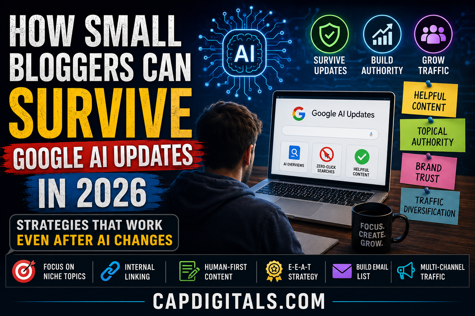 Feature image showing how small bloggers can survive Google AI updates in 2026 using SEO and topical authority