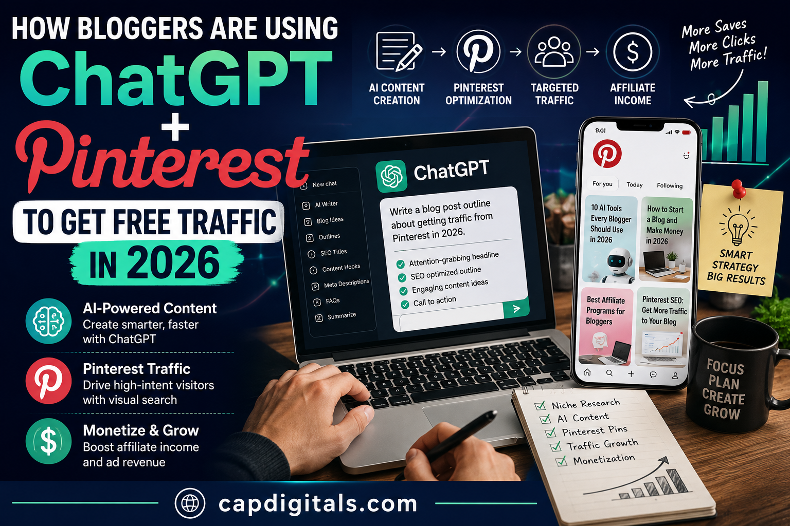 Bloggers using ChatGPT and Pinterest to generate free website traffic in 2026