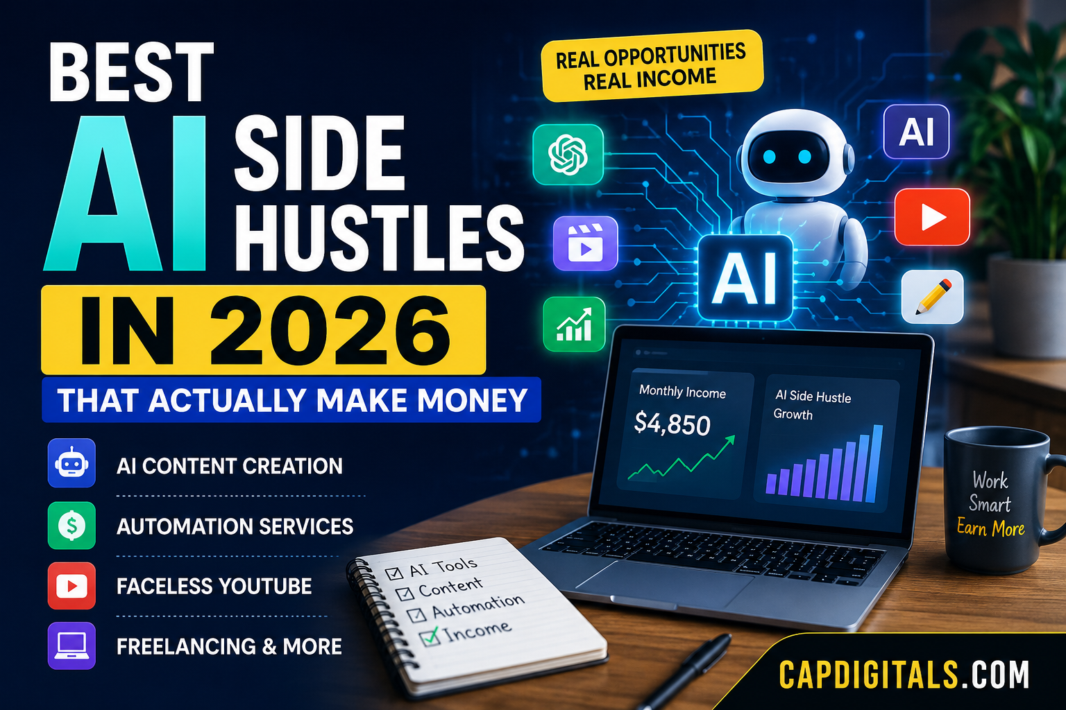 Feature image showing the best AI side hustles in 2026 for online earning and digital income opportunities