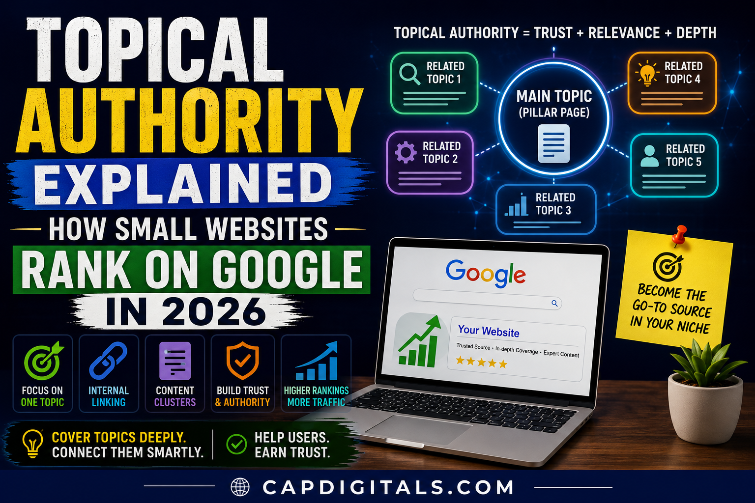Topical Authority feature image showing how small websites rank on Google in 2026 using SEO clusters and internal linking