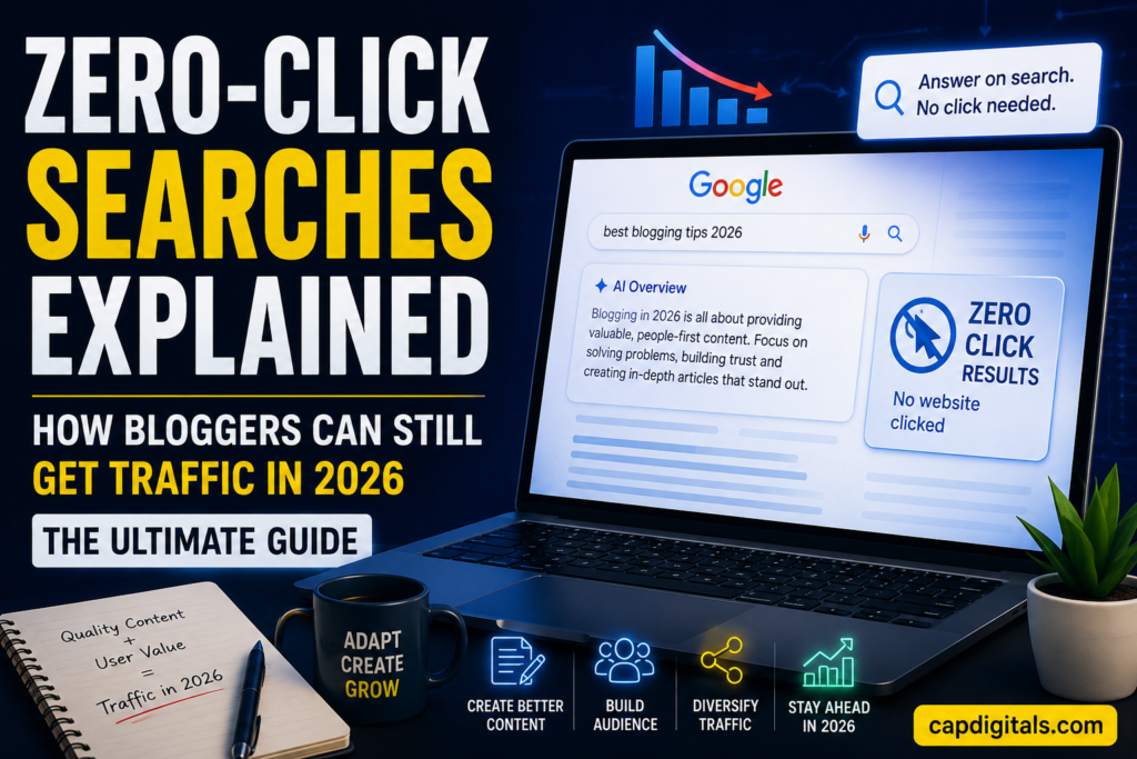 Zero-click searches explained for bloggers in 2026 showing Google AI search impact and traffic survival strategies