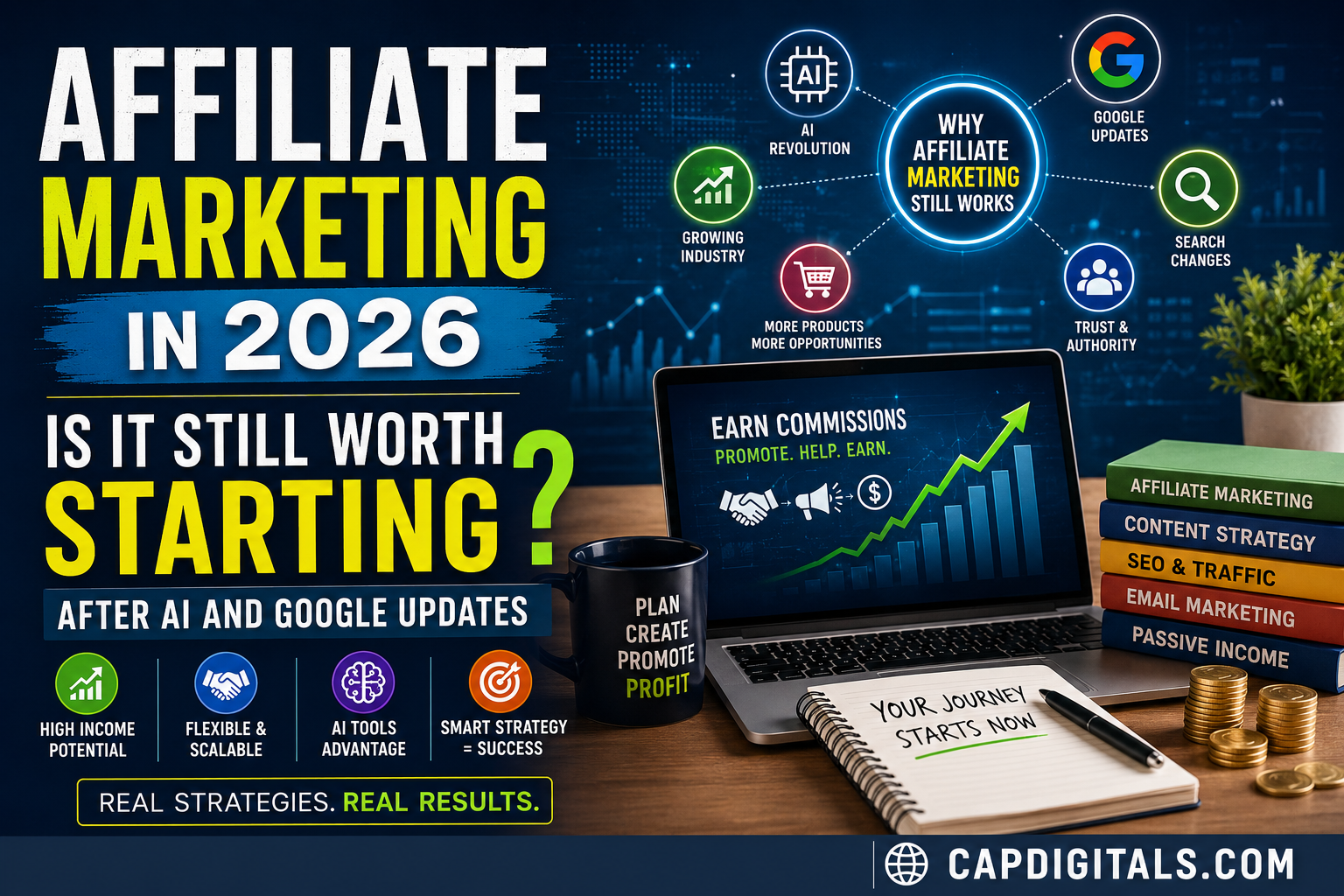 Affiliate Marketing in 2026 feature image showing AI tools, Google updates, SEO, and online income strategies