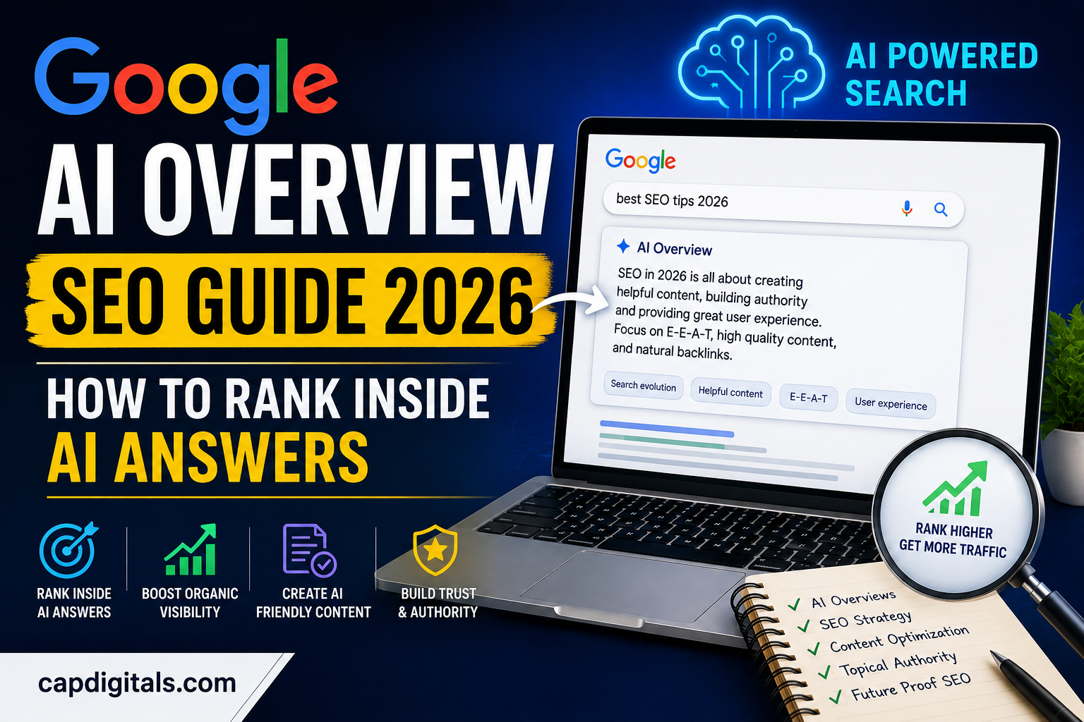 Google AI Overview SEO Guide 2026 feature image showing AI-powered search and ranking strategies