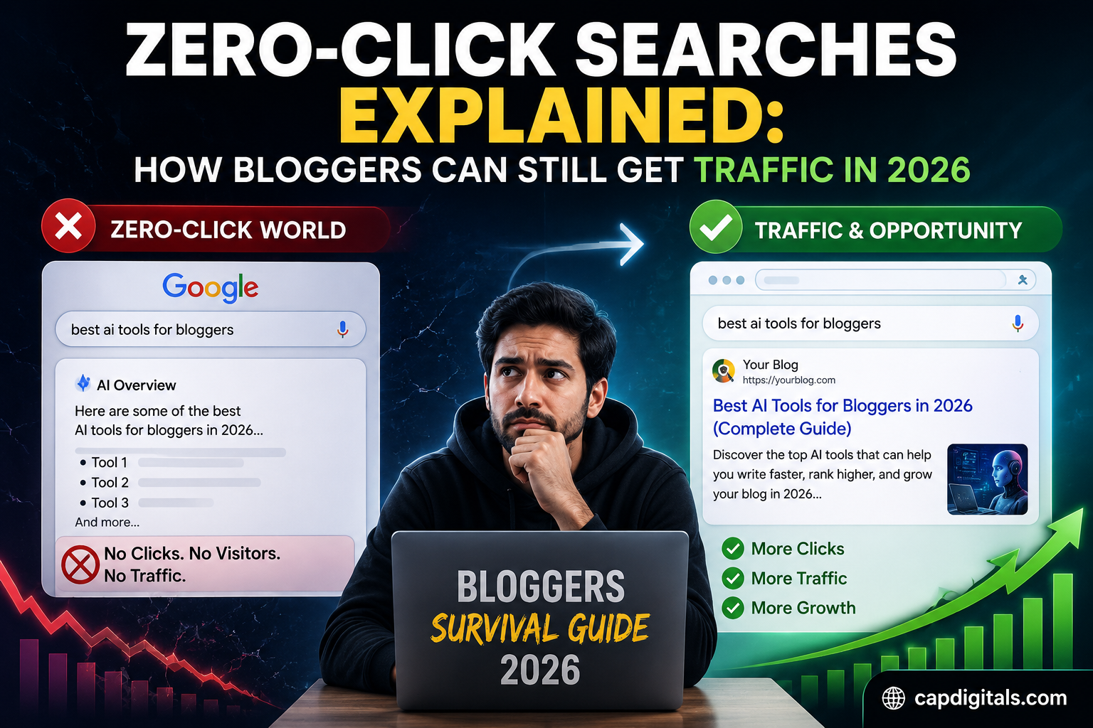 Zero-click searches explained for bloggers in 2026 showing Google AI search impact and traffic survival strategies