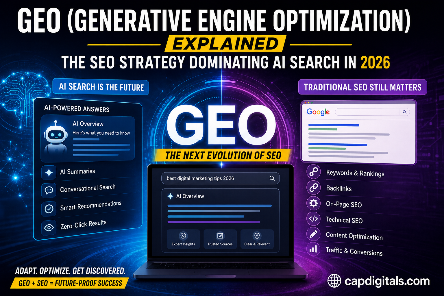 Generative Engine Optimization feature image showing AI search, Google AI Overview, and modern SEO strategies in 2026
