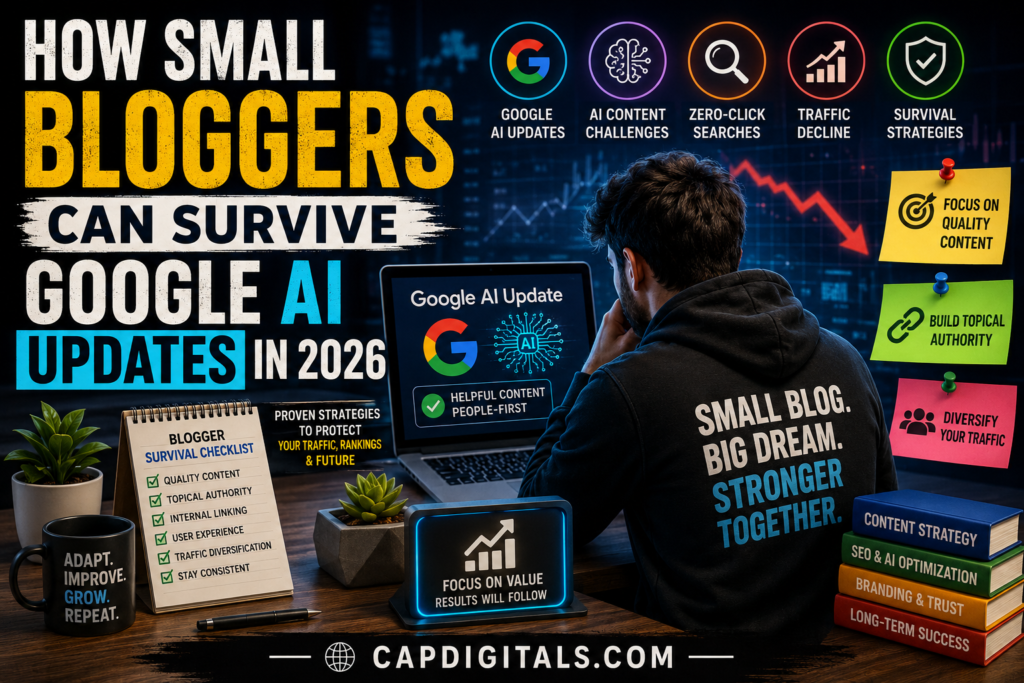 Feature image showing how small bloggers can survive Google AI updates in 2026 using SEO and topical authority